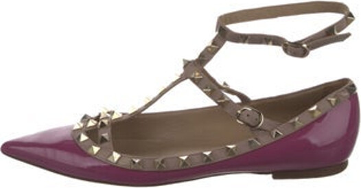 Valentino Patent Leather Ballet Flats Purple Colorblock Pattern Rockstud Accents Pointed-Toes with Studded Accents Multistrap & Buckle Closure at Ankles Designer