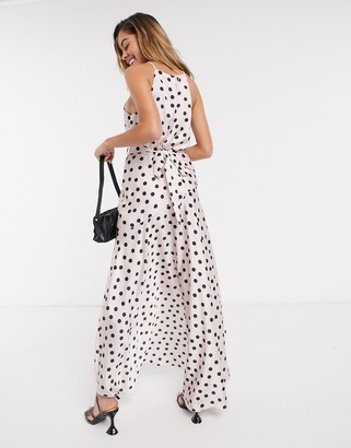 Style Cheat high neck asymmetric midaxi dress with belt in pink polka print