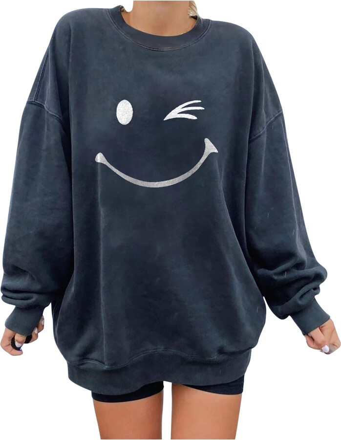 color block smile face printed round neck long sleeve hoodie