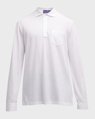 Ralph Lauren Purple Label Men's Washed Long-Sleeve Pocket Polo Shirt, White