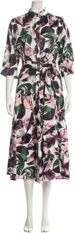 Akris Punto Floral Print Long Dress Akris Punto Shirtdress Purple Floral Print Three-Quarter Sleeve with Mock Neck Designer