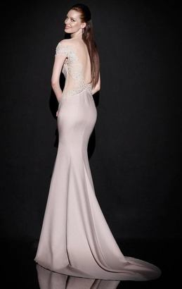 Tarik Ediz Lace Applique Off The Shoulder Illusion Gown 92499