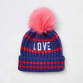 Thumbnail for your product : River Island Girls blue 'love' embroidered pom pom beanie