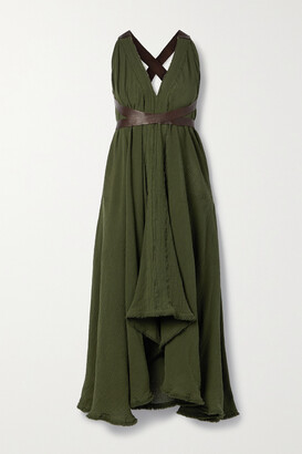 CARAVANA Ayim Open-back Leather-trimmed Cotton-gauze Midi Dress - Army green - One size