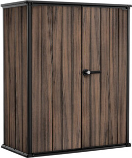 Keter Signature Collection Vertical Durable Resin Outdoor Storage Shed With Floor and Double Doors for Garden Patio Furniture and Tools, Rosewood