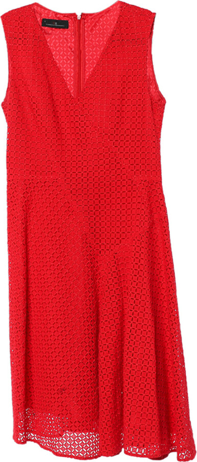 CH Carolina Herrera Red Lace Flared V-Neck Dress