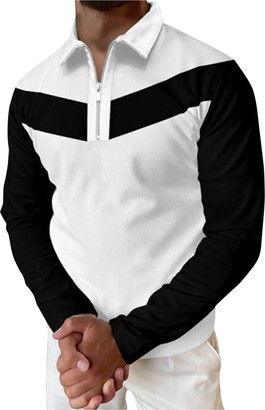 HULKAY Mens Regular Fit Color Block Polo Shirt Quarter Zip Long Sleeve Turn Down Collar Polo Golf Shirt Stitching T-shirt(Beige