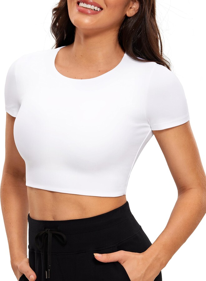 CRZ YOGA Pima Cotton Women's Workout Cropped Tops Short Sleeve Yoga Shirts