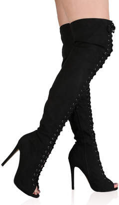Public Desire Desiree Lace Up Over the Knee Heeled Boots Faux Suede
