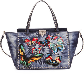 Valentino Rockstud Butterfly-Embroidered Tie-Dye Tote Bag, Denim