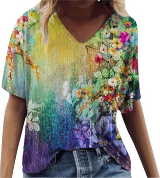 BLENCOT Womens Summer Casual Shirts Vintage Ethnic Embroidered Tunics V-Neck Blouses Floral Print Tops