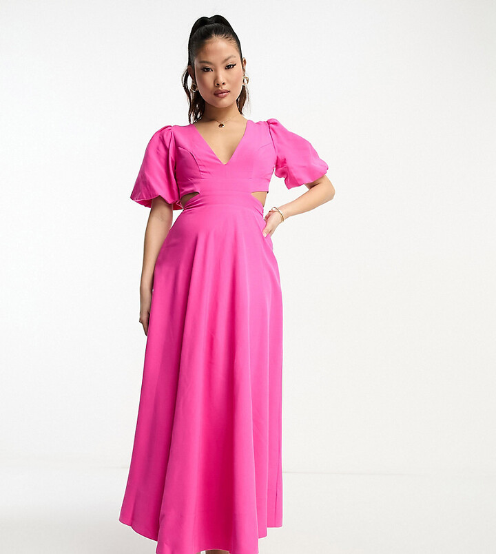 Felicite Apparel Puff Sleeve Maxi Dress in Neon Pink Stripe