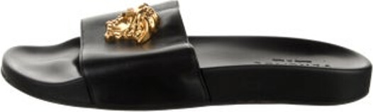 Versace Leather Slides Black Chain-Link Accents Unfortunately, due to restrictions, this item may not be eligible for shipping in all areas.