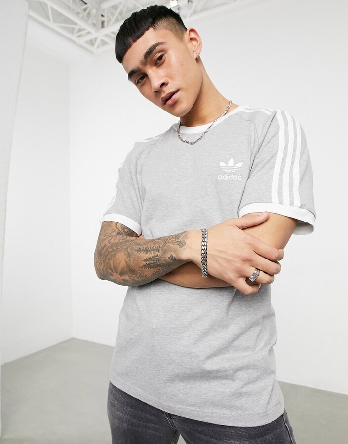 adidas adicolor three stripe t-shirt in grey - ShopStyle
