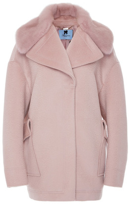 Blumarine Wool Angora Jacket With Tonal Mink Trimmed Collar Pink