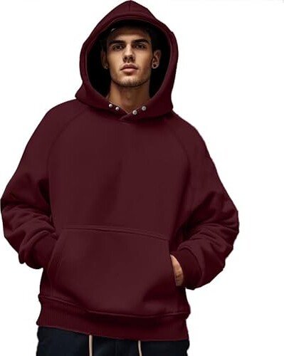CUWFAT Men's Heavyweight Comfy Hoodie Casual Pullover Long Sleeve Trendy Top Loose Fit Solid Color Winter Outwear Classic Street Style Button Sweatshirts Red 2XL