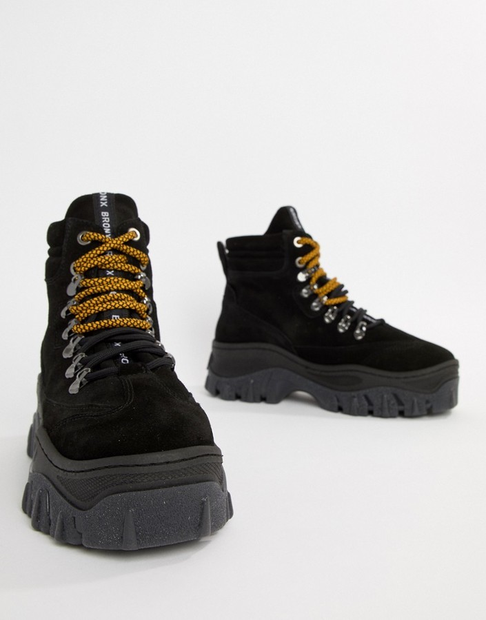 bronx black leather chunky sole hiker boots