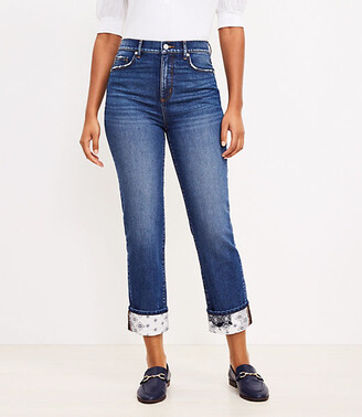 LOFT Curvy High Rise Straight Crop Jeans in Patched Mid Indigo Wash