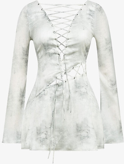 Mistress Rocks Womens Marble-Print Lace-Up Satin Mini Dress M