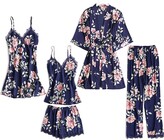 Thumbnail for your product : Danfiki Women Pyjama Set Sleepwear Girls Ladies Nightwear Silk Satin Pajamas Lace Floral Nighties 5Pcs Robe Dressing Gown Nightdress with Chest Pad Dark Blue