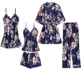 Danfiki Women Pyjama Set Sleepwear Girls Ladies Nightwear Silk Satin Pajamas Lace Floral Nighties 5Pcs Robe Dressing Gown Nightdress with Chest Pad Dark Blue