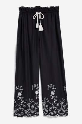 Topshop Womens Embroidered Crop Wide Trousers - Black