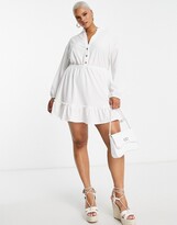 Thumbnail for your product : ASOS Curve ASOS DESIGN Curve textured long sleeve waisted mini shirt dress with tier hem in ecru