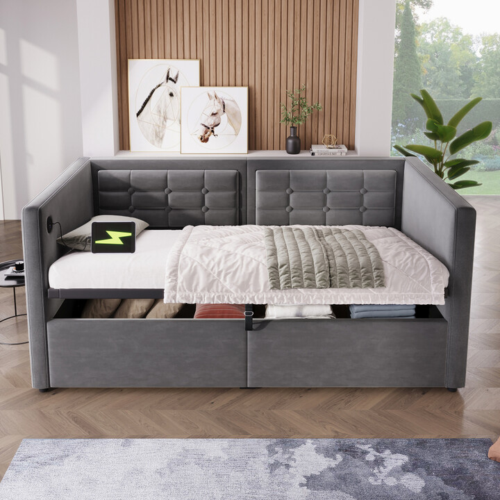 MLG Upholstered Twin Size Daybed, Hydraulic Storage Twin Bed Frame with USB & Type-C Charging,Tufted Sofa Back, Gray,Velvet