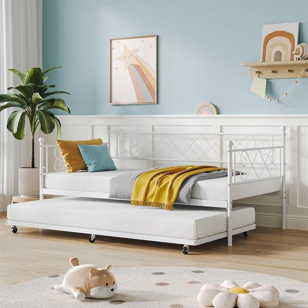 WARMTOBABY TwinDaybedwithTrundlePullOutDayBedwithSteelSlatSupportHeadboardSpaceSavingandTrundleBedFrameSetforLivingRoomGuestRoom