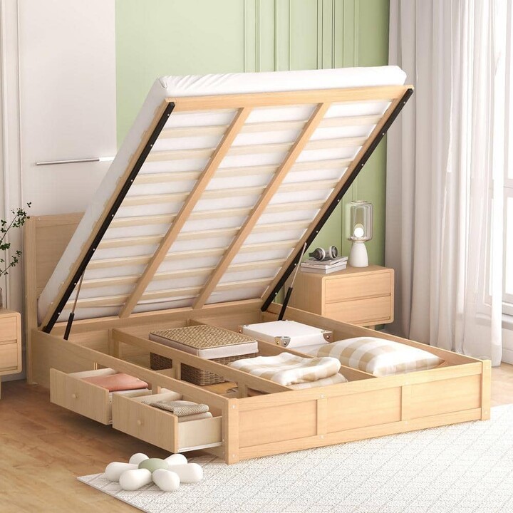 Harper&Bright Designs Brown Wood Frame Queen Size Platform Bed with Underneath Storage and 2-Drawers