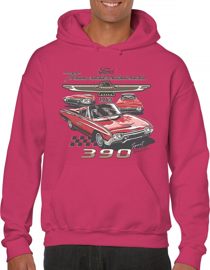 Tee Hunt Ford 1963 Thunderbird 390 Hoodie for Men Vintage Sport Roadster Classic American Hot Pink Small