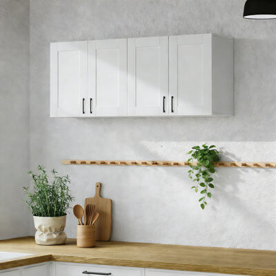 Latitude Run White Wooden Wall Mounted Storage Cabinet With Adjustable Shelf 4-Door Design For Laundry Room Kitchen Pantry And Bathroom Organization