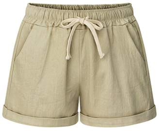 fereshte Womens Elastic Waist Cotton Linen Casual Beach Shorts with Drawstring Tag 2XL