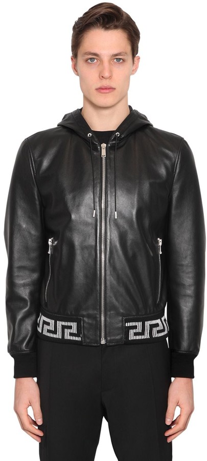 Versace Greca Hooded Leather Bomber Jacket - ShopStyle