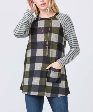 Egs By Eloges Women's Tunics OLIVE - Olive & Navy Check One Pocket Tunic - Women