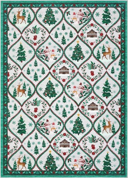 Jojoka ChristmasAreaRugwithMoroccanSnowman&TreePrintMachineWashableNon-Slip