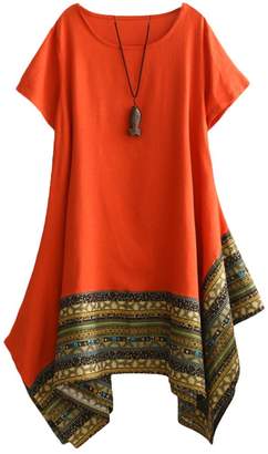 Minibee Women's Ethnic Cotton Linen Short Sleeves Irregular Tunic Dress XL