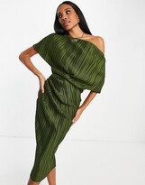 Thumbnail for your product : ASOS DESIGN fallen shoulder plisse midi dress in khaki