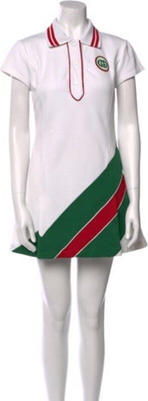 Gucci Shirtdress From the 2022 Collection by Alessandro Michele White Web Accent & Interlocking G Logo Pleated & Embroidered Accents Short Sleeve with Collar Concealed Zip Closure at Side Designer