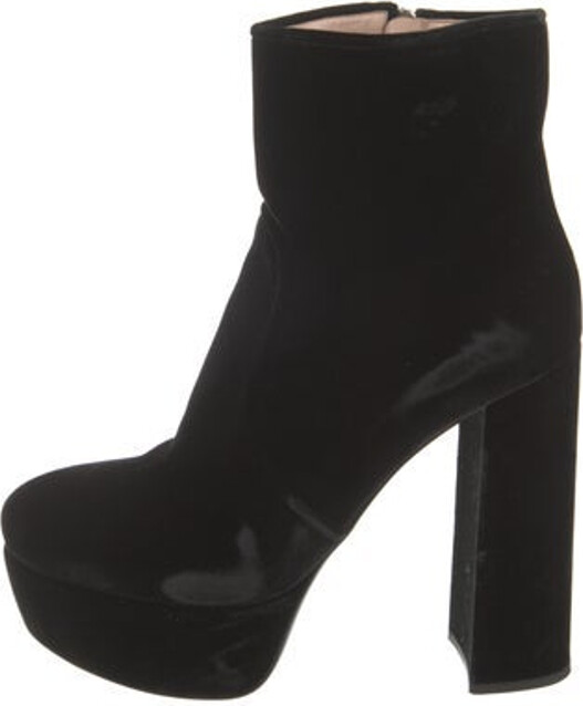 Miu Miu Velvet Ankle Boots Black Leather Trim Round-Toes Platform Concealed Zip Closure at Sides Includes Box & Dust Bag Designer