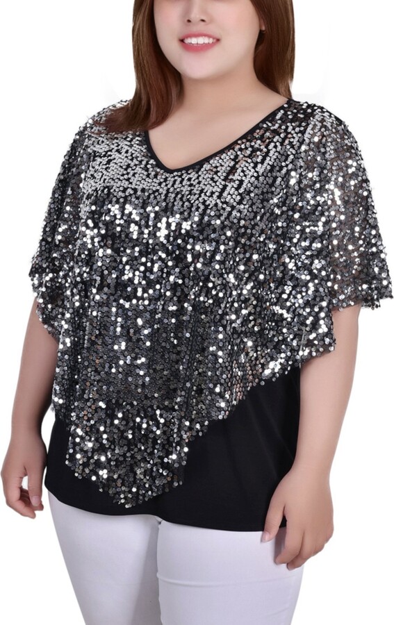 Sara Michelle Women Plus Size Lined Chiffon Green Gold Sequin Tunic Top Blouse