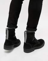 Thumbnail for your product : ASOS Design Lace Up Boots In Black Suede With Checkerboard Tape Detail And Cleated Sole