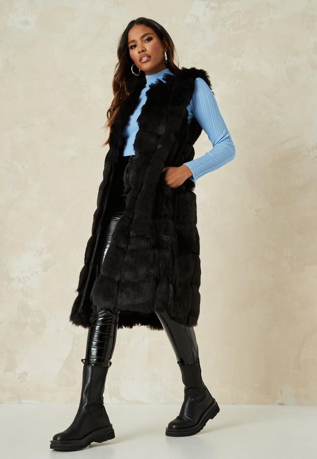 fur gilet black long