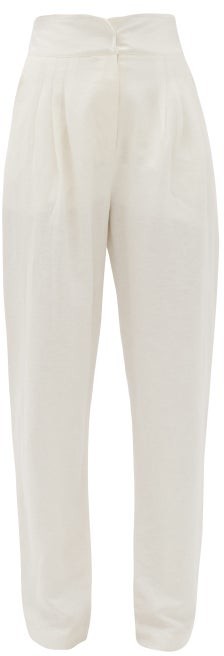 tapered white linen trousers