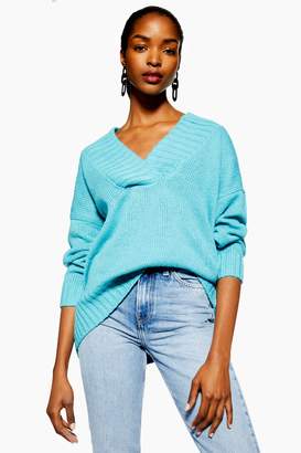 Topshop Womens Knitted Wide Ribbed Longline Jumper - Blue