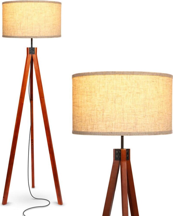 Brightech Eden 58 in. Havana Brown Traditional 1-Light 3-Way Dimming LED Tripod Floor Lamp with Beige Fabric Drum Shade