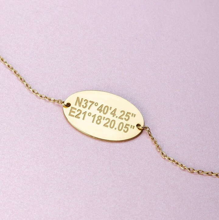 Etsy Custom Coordinates Bracelet - Engraved Gold Plated Sterling Silver Oval Disc -Sb00005