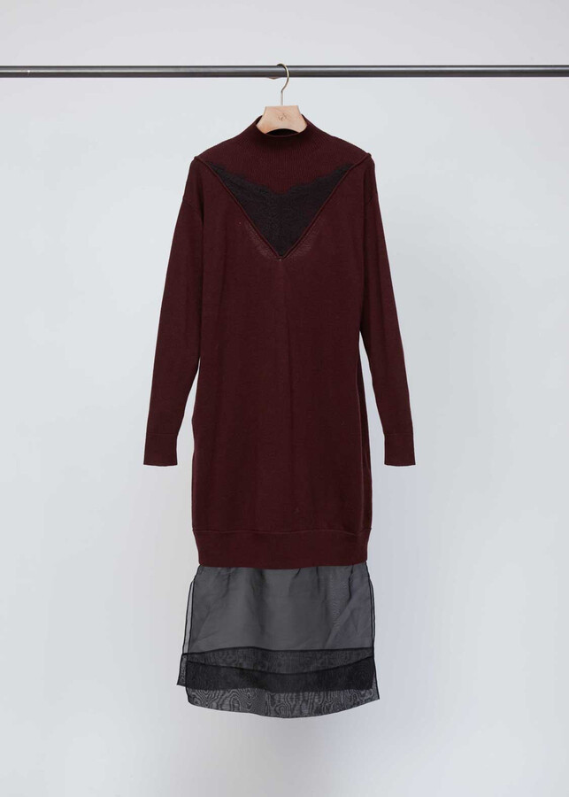 Mockneck Knit Dress with Lace Inlay in ELDERBERRY