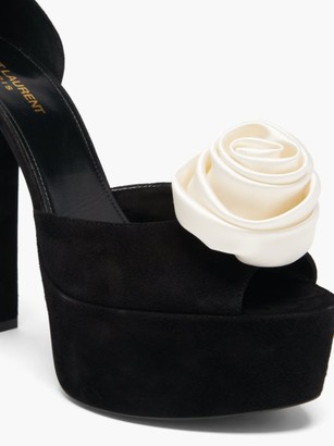 Saint Laurent Jodie Rose-embellished Suede Platform Sandals - Black White