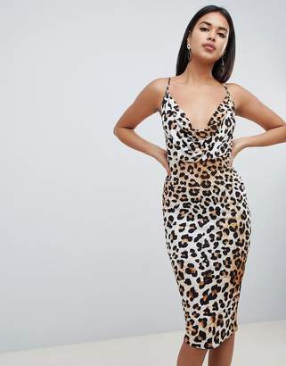 ASOS DESIGN slinky midi bodycon dress with cowl neck in leopard print